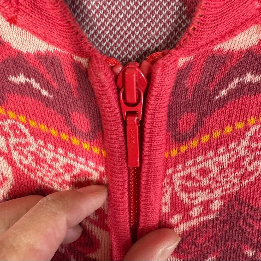 KOOI Knit Vibrant Red Orange Patterned Cardigan Nordic Fair Isle Zip Cotton - Picture 11 of 16